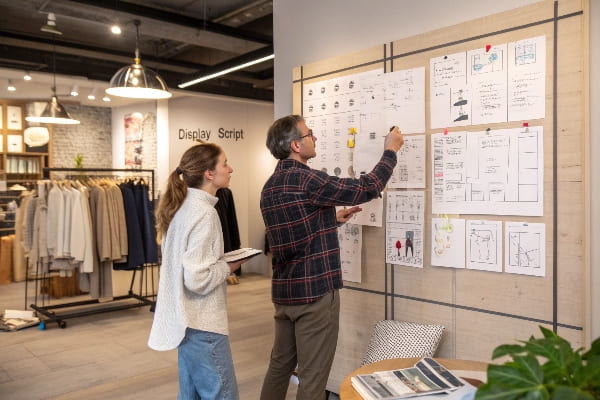 Einzelhandelsdesignstudio mit Personen planen Displays mit Sketch Boards