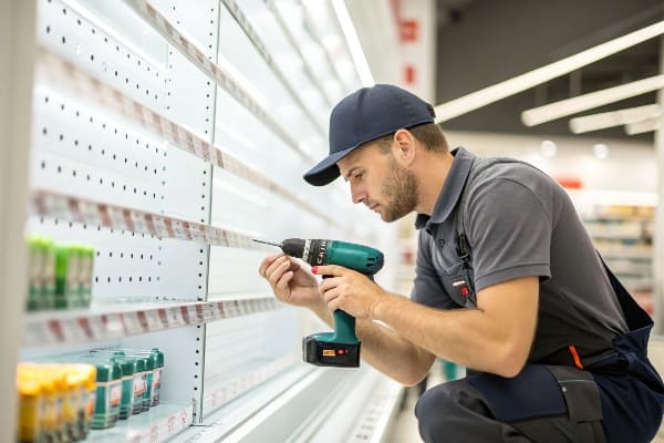 Técnico minorista que usa taladradeo en el estante de la tienda vacío