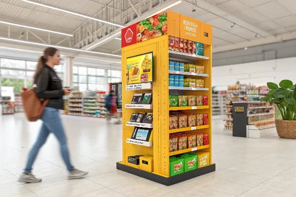 さまざまなスナックやパッケージ商品が入った明るいプロモーション用エンドキャップ。.