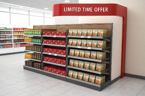 Tapón final minorista con bocadillos y cajas festivas en el signo de 'oferta de tiempo limitado'