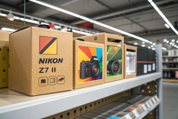 Nikon Z7 II -Kamera -Boxen, die im Handelsschelf in Einzelhandelsausstellungen aufgestellt sind