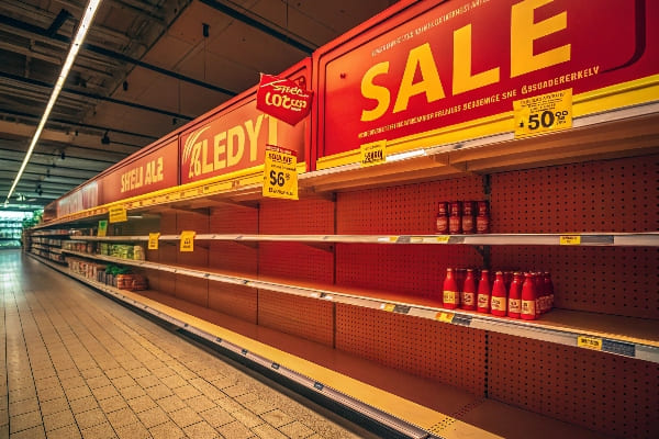 Étagère de supermarché avec signalisation de vente rouge audacieuse et principalement des rangées de produits vides à l'exception de quelques articles.