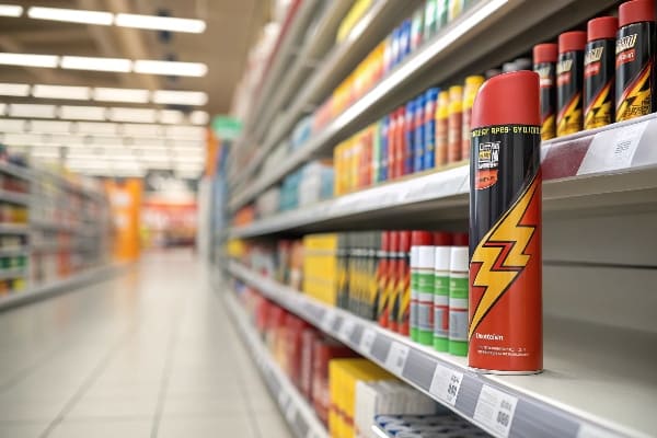 単一の赤と黒のスプレーは、小売棚に目立つように表示できます。