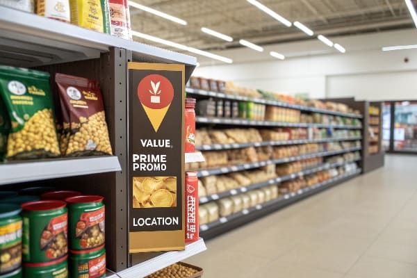 Pantalla endcap en el pasillo de bocadillos con la señalización de 'ubicación promocional de prime' para productos de chips