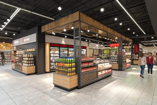 スタイリッシュなエンドキャップディスプレイを備えたモダンな小売店。
