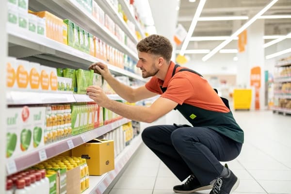 オレンジとグリーンの均一な小売労働者は、店の棚にある製品の配置を調整します。