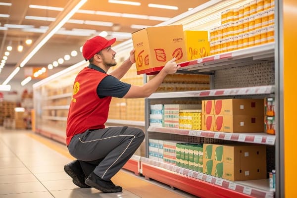 店の棚に黄色と赤の箱を置く赤いユニフォームの小売労働者。