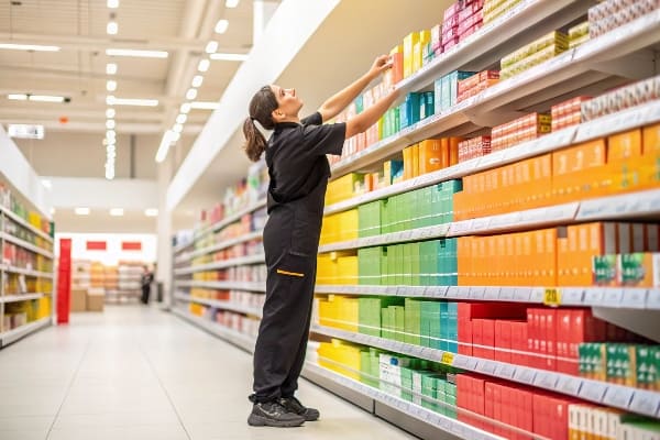 店舗でカラフルな製品棚を組織する小売労働者。