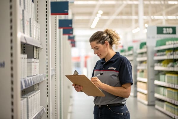 Femeninas de las trabajadoras minoristas Verificando el inventario con el portapapeles en el pasillo de la tienda.