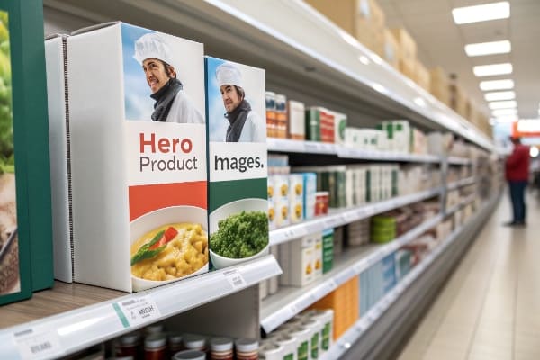 杂货架上的产品展示盒,带厨师和食物图像