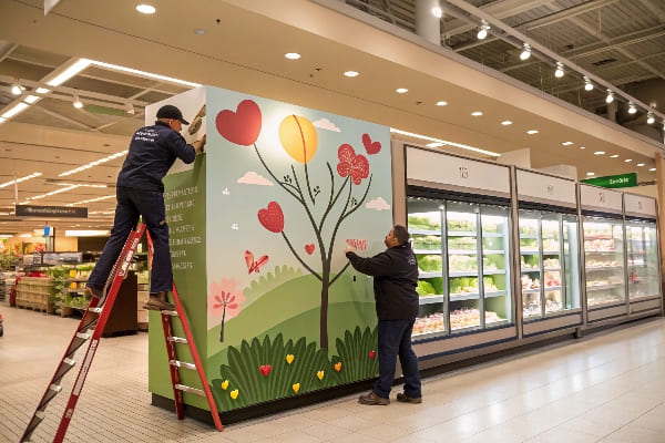 Dos trabajadores que instalan arte de pared estacional en un pasillo de una tienda de comestibles.