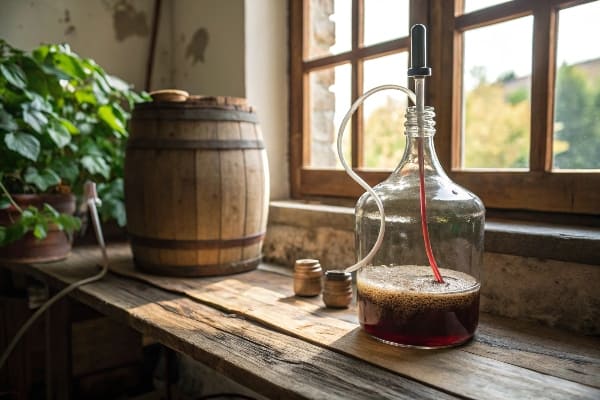 素朴な窓辺の木製の樽の隣に発酵している赤ワインが発酵しているガラスカーボーイ。
