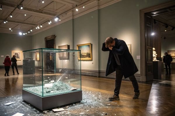 Shattered Glass Display Case in einem Kunstmuseum mit einem schweißten Mann in der Nähe
