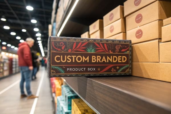 Custom -Marken -Produktbox im Einzelhandel mit gestapelten Plattenverpackungen.
