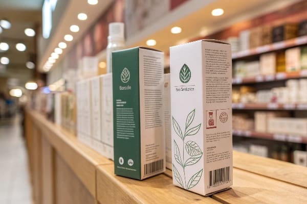 Regal-fähige Einzelhandelsboxen mit botanischen Branding im Geschäft Gang