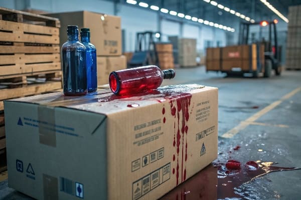 Lagerboden mit verschütteter roter Flüssigkeit und zerbrochenen Flaschen auf einer Kartonbox