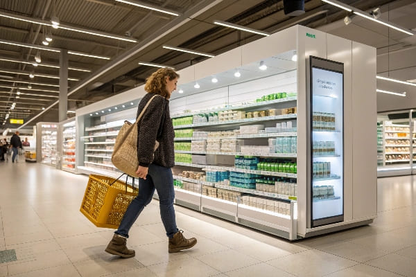 Comprador de mujeres que pasan por la sección refrigerada con una exhibición completa de productos lácteos y de salud.