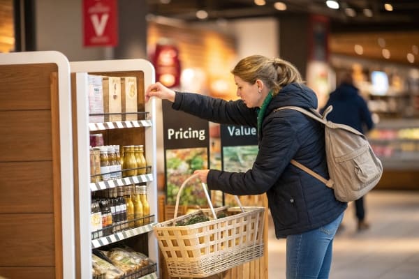 Mujer de compras en la tienda de comestibles que buscan artículos de estante orgánicos.