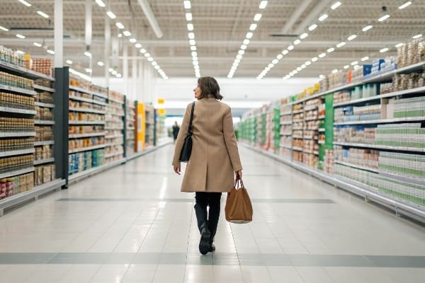 Mujer caminando por un brillante pasillo de supermercado con estantes completamente abastecidos en ambos lados.