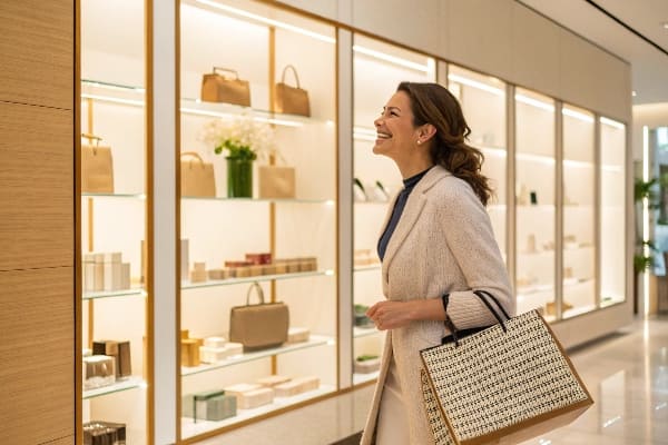 Comprador sonriente que navega por los bolsos y accesorios en la tienda de lujo.
