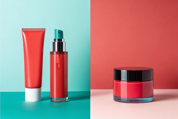 対照的な背景に表示されるミニマリストの赤とティールの化粧品パッケージ。