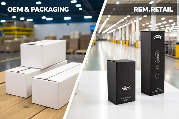倉庫設定でのOEMホワイトボックスと小売ブラックパッケージの並んで比較します。
