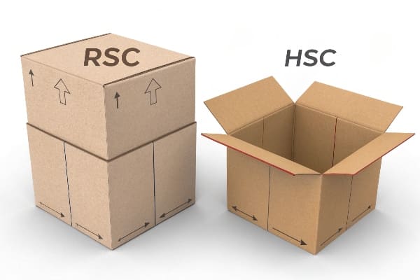 Типы коробок RSC и HSC показаны бок о бок с стрелками, указывающими закрылки