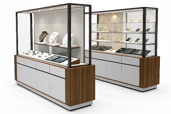 现代珠宝展示柜,带木材和玻璃建筑展示项链和戒指