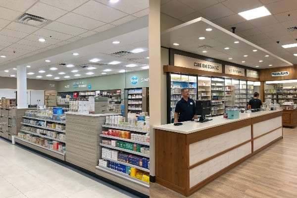 Intérieur de la pharmacie moderne avec deux pharmaciens derrière le comptoir et des étagères de médecine bien organisées