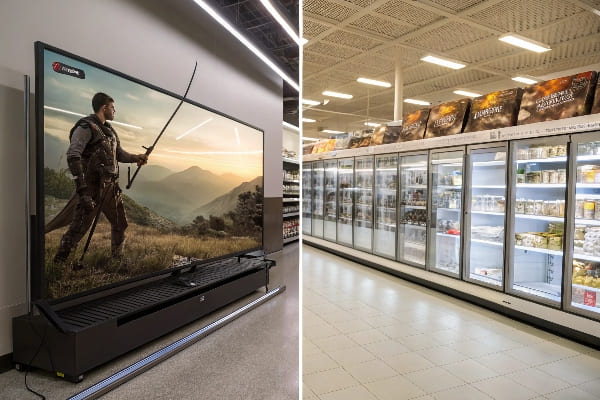 Vista de lado a lado de una pantalla de videojuegos de fantasía y pasillo de comida congelada en un supermercado.
