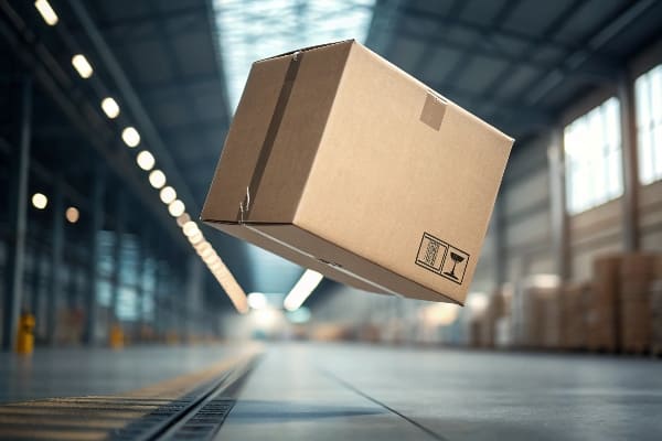 Mid-Air-Kartonbox fällt in eine große Lagerumgebung