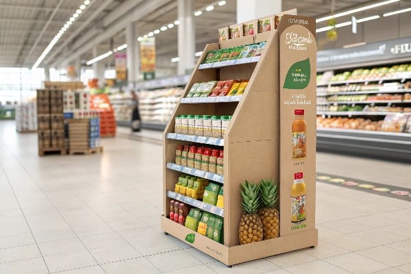 Affichage en carton avec des produits de jus dans le supermarché