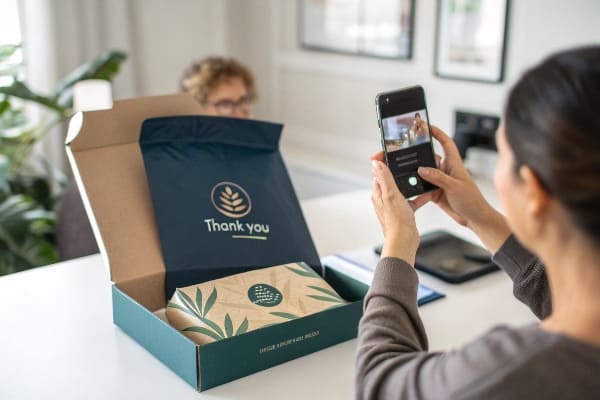 Frau fotografiert Dankesverpackung in Branded Mailer Box.