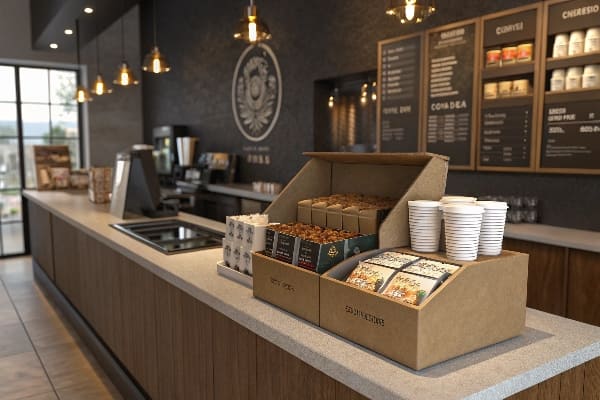 Coffee Shop Counter con bocadillos y tazas en exhibición.
