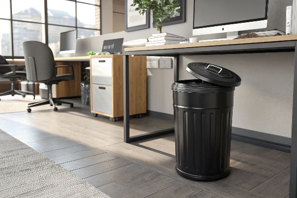 Bin de basura negra en un espacio de oficina moderno.
