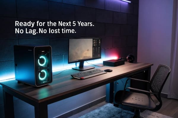 Configuración de estación de trabajo de juegos modernos con PC brillante y lema de rendimiento 'sin retraso'