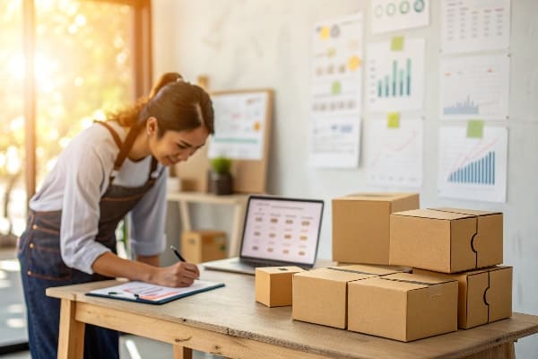 Unternehmer, um die Verpackung mit Datendiagrammen und Kästchen am Schreibtisch zu überprüfen