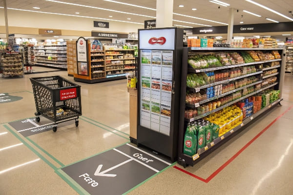 Snack Endcap, platziert am Lebensmittelgeschäftsgang mit digitalem Rezeptbildschirm