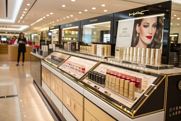 Pantalla de contador cosmético con base y productos para labios dentro de una tienda por departamentos.