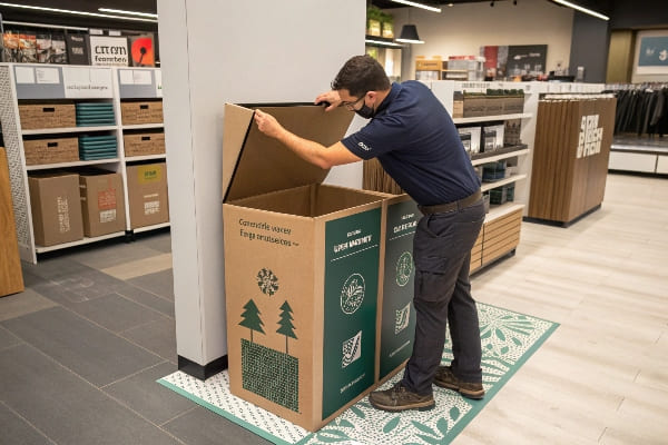 Stocker les employés assemblage du bac de recyclage en carton dans un environnement de vente au détail