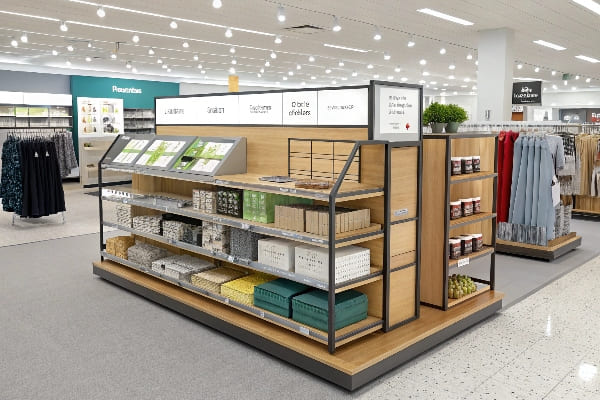 endcap الحديثة البيع بالتجزئة مع منتجات القرطاسية مرتبة بدقة