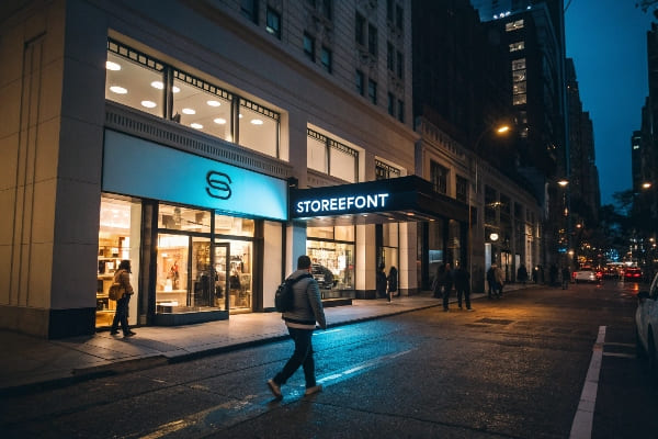 人们在晚上在城市街上穿过光明的店面。