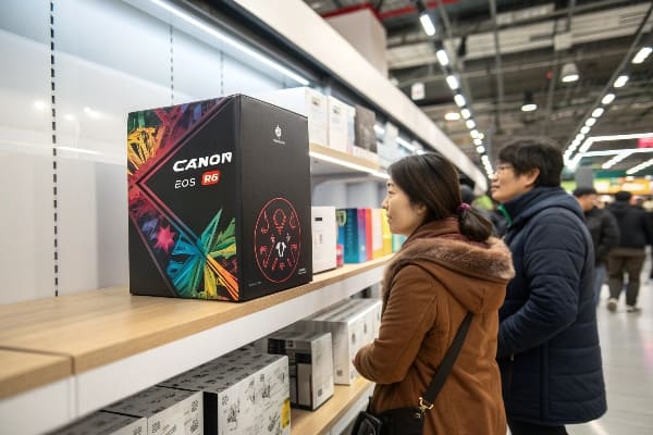 Kunden, die die Canon EOS R6 -Kamera -Box untersuchen, mit farbenfrohen Verpackungen im Elektronikregal