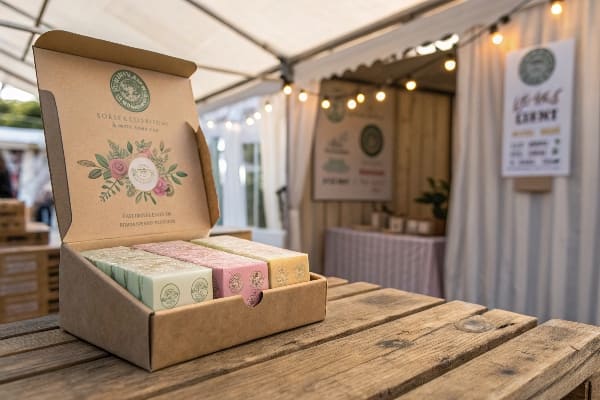 Open Soap Box avec design floral sur l'emballage affiché sur une table en bois sur un stand de marché extérieur.