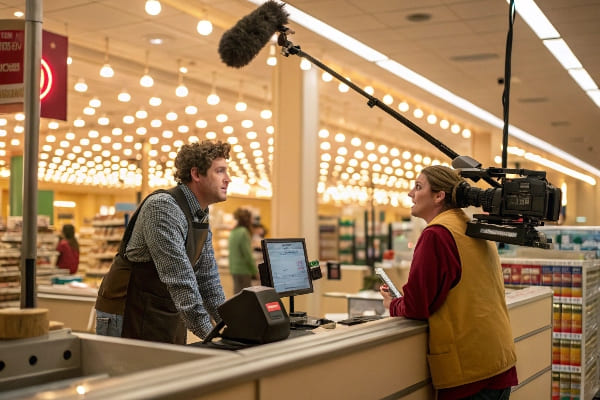 Filmteam aufnimmt eine Szene mit Kassierer und Interviewer in einem hellen Lebensmittelgeschäft.