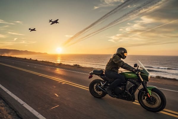 Motociclista andando por oceano ao pôr do sol com jatos no alto