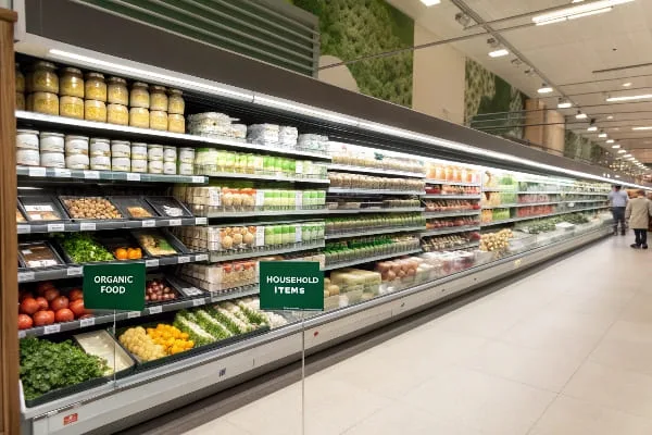 Rayon produits biologiques et articles ménagers d'un supermarché.