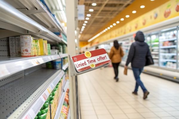 رف البقالة مع لافتات ترويجية لعروض الوقت المحدودة.