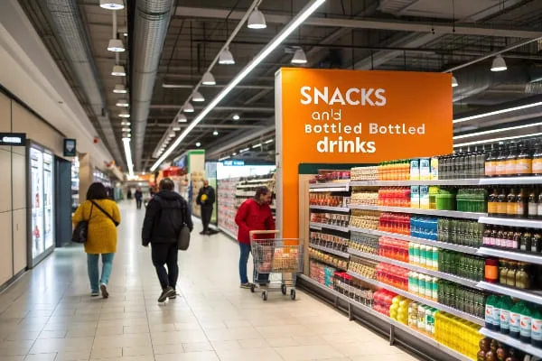Rayon de supermarché proposant des en-cas et des boissons en bouteille.