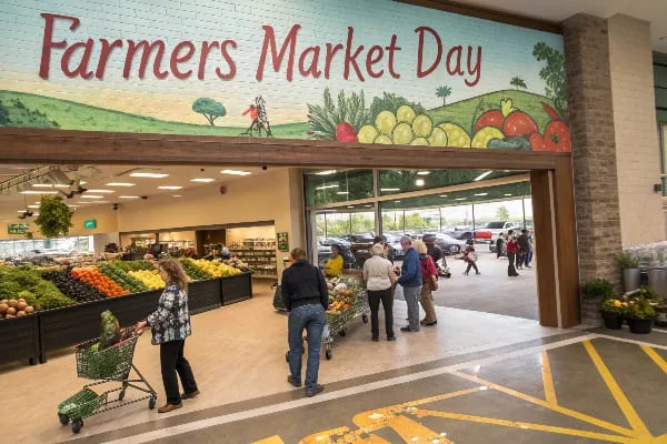 Entrée du marché fermier avec des produits frais à vendre.